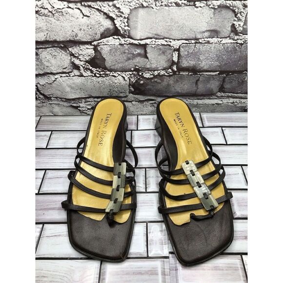 Taryn Rose Brown Leather Stone Slides Strap Heel Sandals Women Sz 38EU/7.5M US - Picture 3 of 16